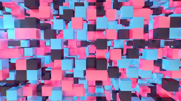 A futuristic 3d rendering of a multishaped and colorful cubes spinning in a cyberscape with numerous vacant spaces. They create some dreamlike and sci-fi reality.