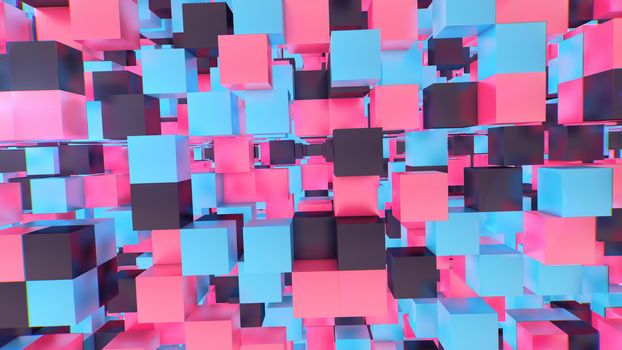 A fantastic 3d illustration of a parallel world multicolored cubes levitating in a futuristic cyberscape with numerous empty portals. They create some psychodellic and hi-tech reality.