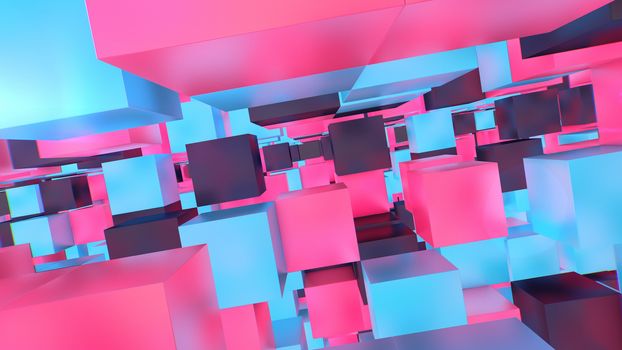 An enigmatic 3d rendering of a time portal multicolored and multishaped cubes flying in a futuristic cyberscape with numerous vacant portals. They create some strange futuristic reality.