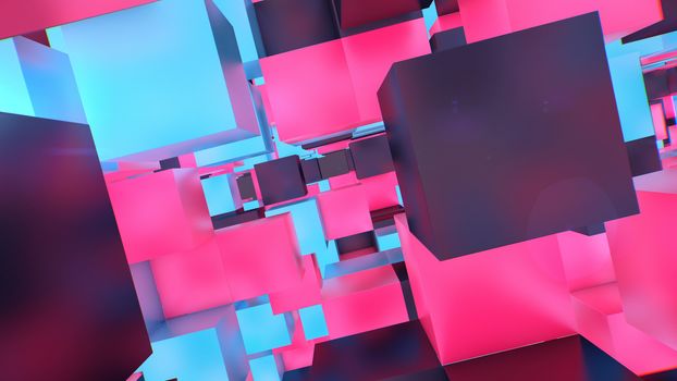 A mysterious 3d rendering of multicolored and multishaped cubes rushing in a fantastic cyberscape with numerous empty portals. They make some inspiring futuristic reality.