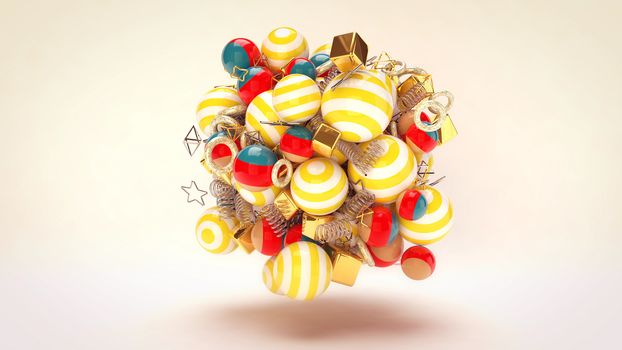 An optimistic 3d illustration of flying festive multicolored striped balls with golden cubes and spirals in the white background. The balls remind us about Merry Christmas and Happy New Year! 