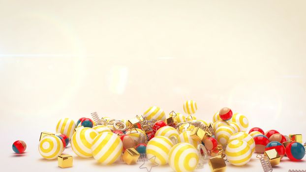 A joyful 3d illustration of rolling celebratory colorful striped balls with golden spirals and cubes in the white background. All of them congratulate us with Merry Christmas and Happy New Year! 