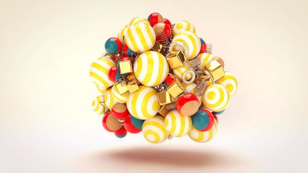 A cheerful 3d rendering of whirling celebratory multicolored striped balls with golden spirals and cubes in the white background. All of them remind us about Merry Christmas and Happy New Year! 