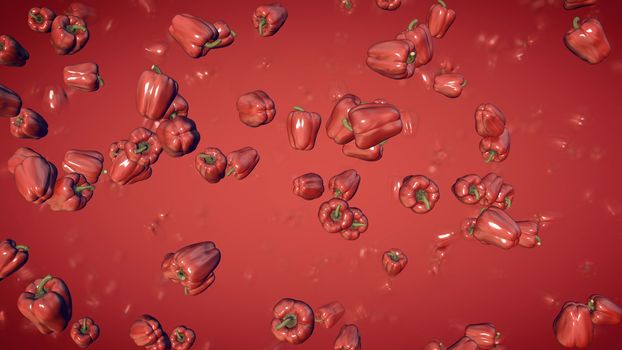 An exciting 3d rendering of soaring bonnet peppers of a red color with green stems in the red background. The vegetables tell again about a healthy style of living and a vegan diet. 