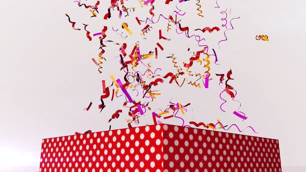 A festive 3d illustration of multicolored festive confetti flying in the air in the white background. They soar over a big spotted red box with gifts for Christmas and New Year. 