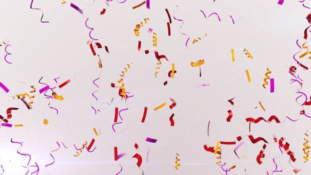 A congratulatory 3d rendering of colorful confetti whirling in the air in the white background. They soar joyfully and shimmer with festive sparkles. New Year is approaching. 