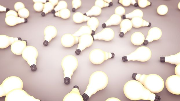 A pop art 3d illustration of white light bulbs lying on the light violet floor. The halogen electric bulbs remind us about the advance of innovative technologies. The consumer society attacks. 