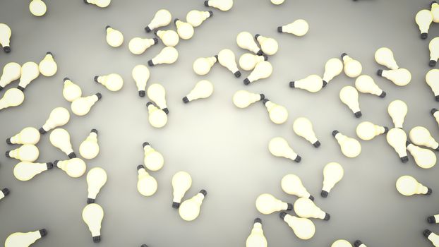 An abstract 3d illustration of white light bulbs lying on theflat grey floor. The fluorescent electric bulbs illustrate the offence of modern technologies. The mass production society offences. 