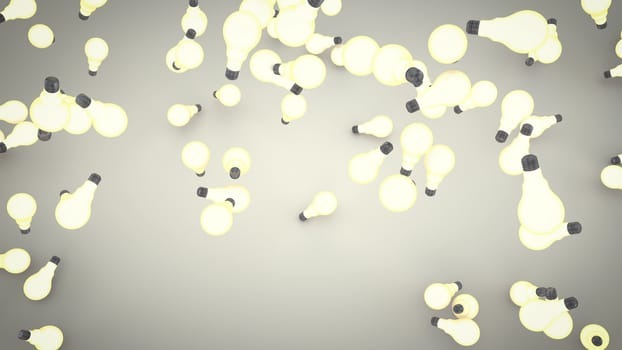 An impressive 3d rendering of white light bulbs flying in the air in the grey background. The halogen light bulbs illustrate the advance of high-tech technologies. The consumer society advances. 