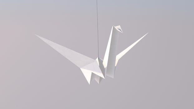 A tender-looking 3d illustration of a white paper crane flying high in the grey background. It reminds us about our happy childhood and looks lovely.  