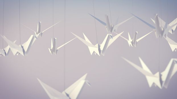 A lovely 3d illustration of a flock of white paper cranes soaring high in the grey background. They tell us about our happy childhood and young years.They fly in a big group.  