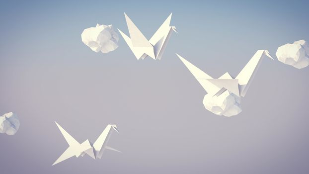 An amazing 3d rendering of a flock of white paper cranes soaring high in the grey background among white paper clouds. They remind us about our happy childhood and youth.  