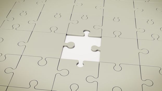 An enigmatic 3d illustration of a grey floor composed of puzzles placed askew. One puzzle is absent. The background is white. It looks original and artistic.