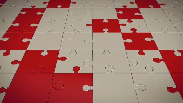 An artistic 3d illustration of a floor composed of red and grey puzzles placed aslant. The work is performed perfectly. The floor surface is smooth and shining. 