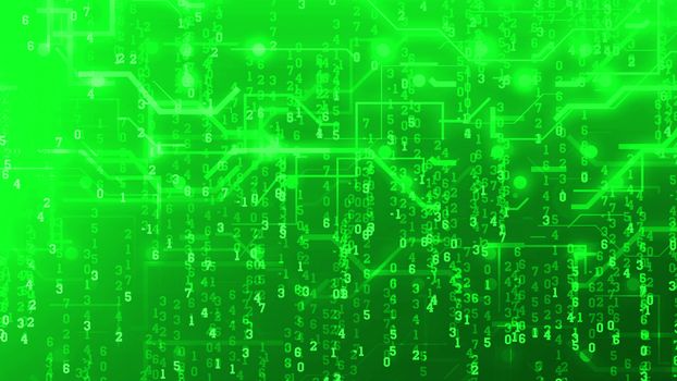 A futuristic 3d rendering of a digital multilayered cyberspace. The Matrix looking numbers are moving between curvy lines in the light green background. They look sparkling and bright.