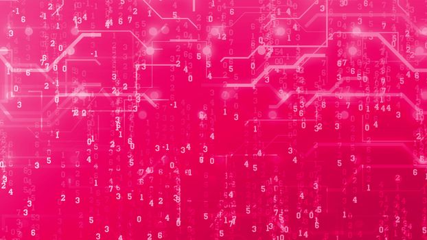 A feminist 3d rendering of a digital holographic cyberspace. The hacker style digits are dashing among wavy routes and curvy lines in the bright rosy background. They look pleasant and picturesque.