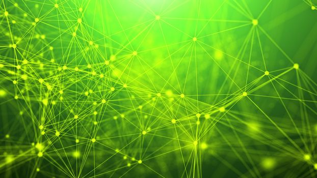 A puzzled 3d rendering of a plexus of abstract geometric triangles and dots making some futuristic liasion system. They are interlaced with each other in the light green background.