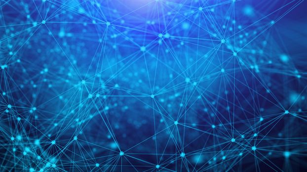 An abstract 3d illustration of an interlacement of abstract geometric triangles and spots composing some programming communication system. They are placed in the light blue background.
