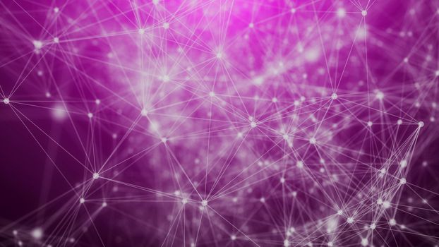 An advanced 3d illustration of a plexus of abstract geometric triangles and figures making some futuristic communication system. They are interlaced in the dark violet background.