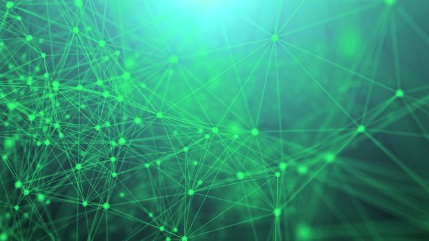 An impressive 3d illustration of a grid of various geometric triangles and figures making some peculiar communication system. They are interlaced in the dark green background.