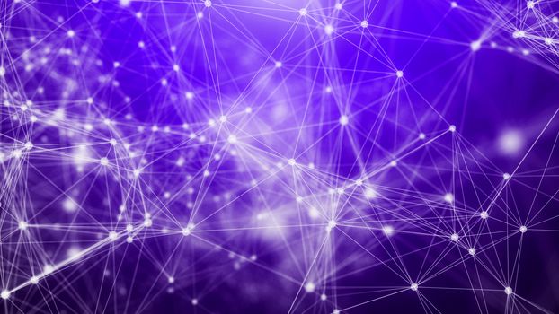 A splendid 3d illustration of a plexus of various neo-geo triangles and figures weaving some communication system from white routes. They are connected in the violet background.