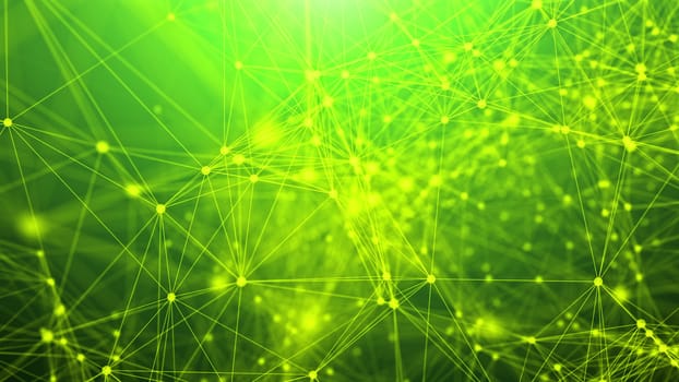 A sparkling 3d rendering of a network of different neo-geo triangles and dots weaving some communication system from yellow routes. They are connected in the green background