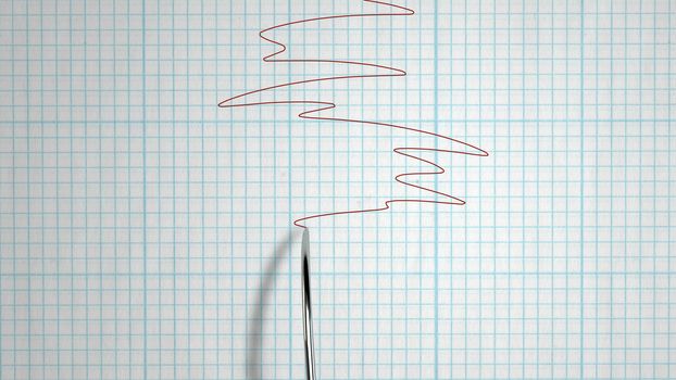 An exciting 3d rendering of a lie detector with a metallic stick writing a curvy line on a paper for school copybooks. The lines have different dimentions. It means somebody is lying