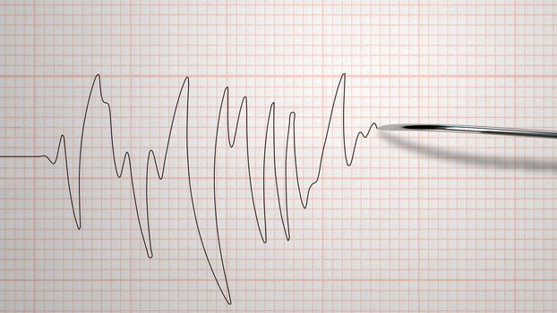 A multilayered 3d rendering of a lie detector with a metallic stylus putting down a red curvy line on a paper with boxes. The lines have different parameters. It means some person is dishonest.