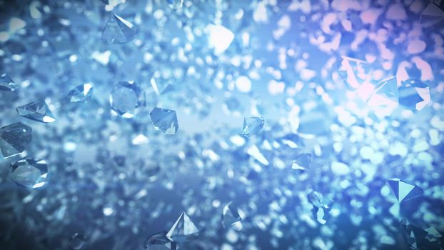 An impressive 3d image of a huge number of multicarat diamonds shining with white and blue sparkles. They fly together and attract us with their luxurious beauty and crazy prices.