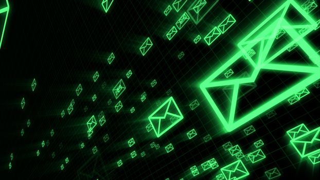 An impressive 3d illustration of flying green electronic mail envelops maintaining the world communication process. They are in the black background placed askew.