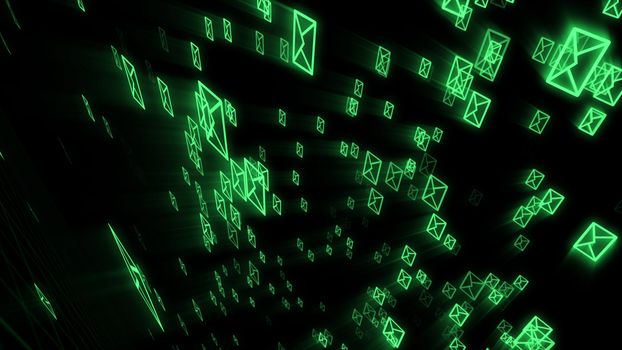 An astonishing 3d rendering of fast moving electronic mail envelops keeping on the world communication process. They are in the black background placed askew.
