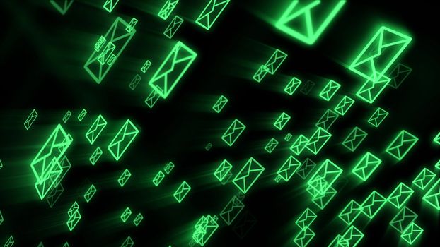 A striking 3d illustration of fast moving electronic mail envelops maintaining the world business communication process. They are in the black background flying diagonally.