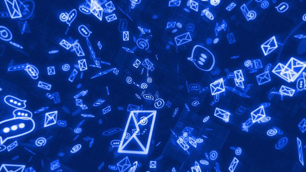 A stunning 3d rendering of whirling electronic mail envelops, at signs, and three dot symbols, supporting the global business communication process. They are in the black background.