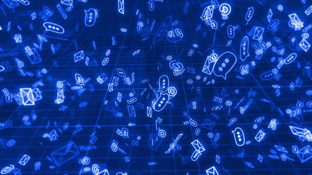 A high tech 3d illustration of tumbling in chaos and disorder emails, at signs, and three dot symbols, supporting the world business communication. They fly in the blue background with a grid.