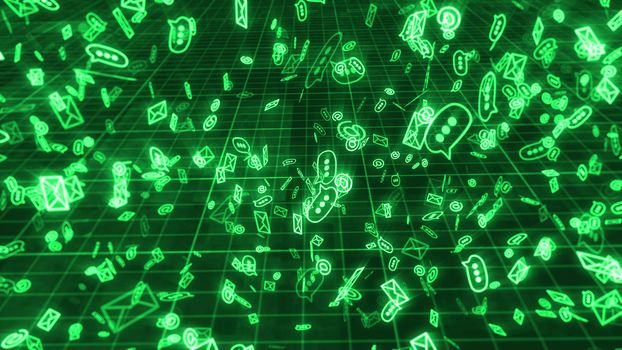 A cyberspace 3d rendering of swirling in disorder green emails, at signs, and three dot symbols, maintaining the world communication. They fly in the black background with a grid.