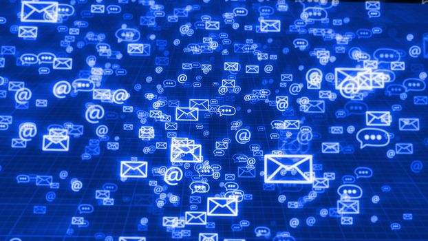 An innovative 3d illustration of flying in classic order blue emails, at signs, and three dot symbols, maintaining the global communication. They fly in the black background with a network.
