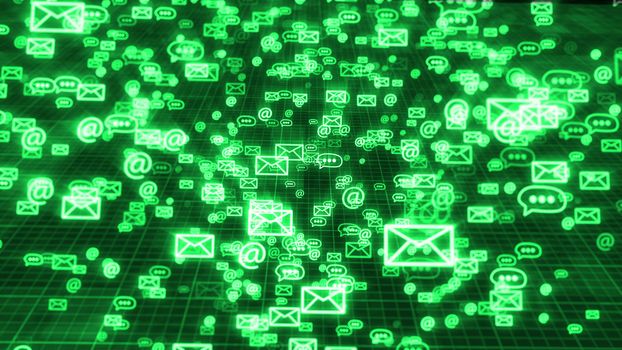 An advanced 3d rendering of flying in some order green emails, at signs, and three dot symbols, keeping the global communication. They move in the black background with a network.