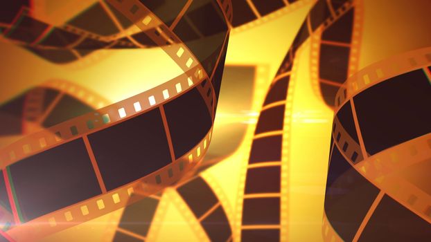 An old-fashioned 3d rendering of black and yellow film tape rolls covering the whole illustration. The light source is located behind the rolls of tape. It causes nostalgia.