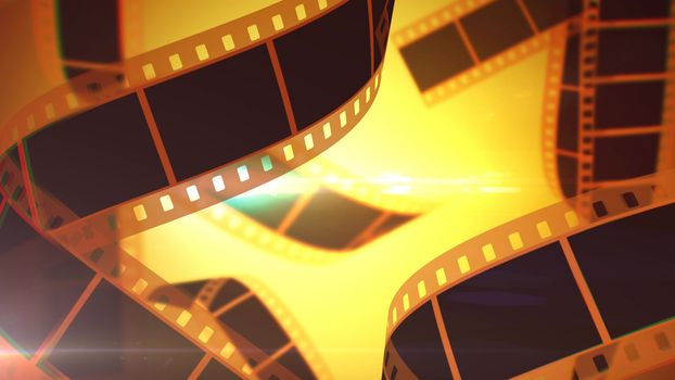A retro 3d illustration of black and yellow film tapes covering the whole picture. The light source of a projector is placed behind the rolls of tape. It causes nostalgia feelings.