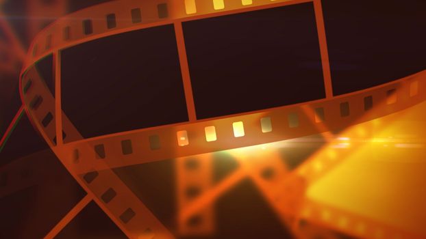 An artistic 3d illustration of Hollywood black and yellow film tapes covering the whole image. The tape curls and twists impressing with its purity and high quality.