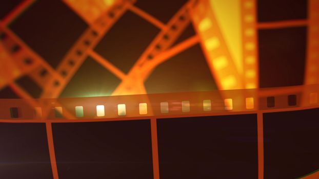 An arty 3d rendering of American black and yellow film tapes covering the whole picture. The tape rolls curls and twists exciting views with its clariness and high quality. Retro style is good style.
