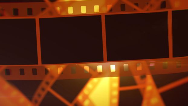 A luxurious 3d illustration of retro black and yellow film tapes with rows of holes covering the whole image. The tape rolls remind the views about the golden age of the world cinematography