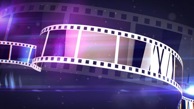 An old-fashioned 3d rendering of vintagewhite and violet film tapes with lines of holes covering the whole image. The tape rolls remind us about the classic age of the world cinema.