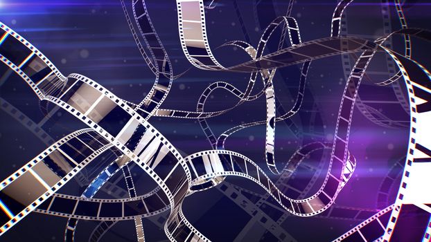 An amazing 3d rendering of nostalgic white and violet film tapes with lines of holes covering the whole illustration. The tape rolls curl and twist like living creatures. They remind us about cinema art.