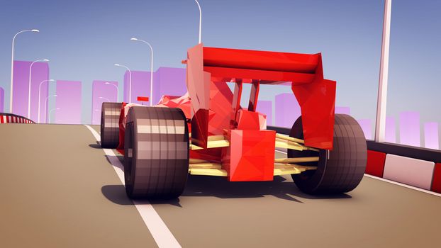An exciting 3d rendering of a red formula one shot from behind. It has big front and rear tyres, classic body, and ultramodern appliances. It moves on a modern highway with colorful curbs.