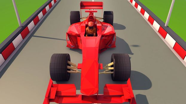 A front 3d illustration of an ultramodern formula 1 with a driver in a helmet taking part in a speedy race. It is bright red and has wide front tyres and aerodynamic body. It dashes like a rocket.