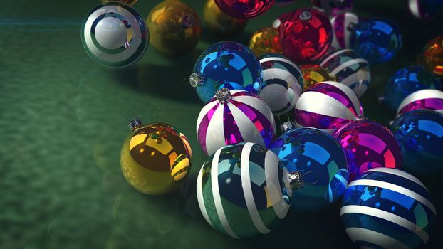 A festive 3d rendering of sparkling glass balls for a Christmas fir tree. They lie on a green floor and look gorgeous. They are multicolored, striped, and shimmering. New Year is approaching!
