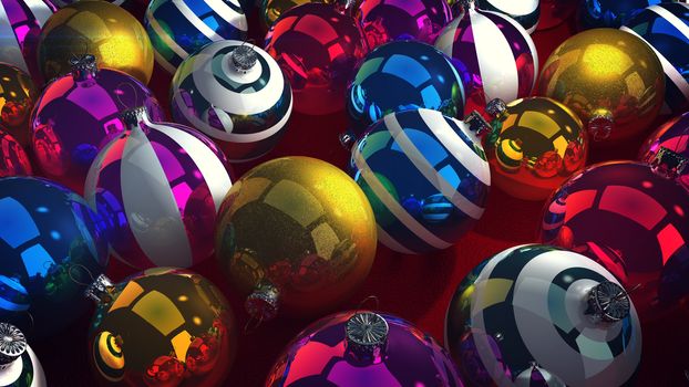 A hilarious 3d rendering of dazzling glass balls for Christmas fir trees. They lie together in a pile and look gorgeous. They are colorful, striped, and shimmering. Many Happy Returns of the New Year!