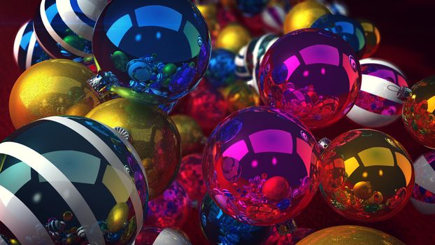 A merry 3d illustration of sparkling glass baubles for a Christmas fir tree. They soar over a green floor and lead to a festive mood. They are striped, golden, silver and blue. Happy New Year!