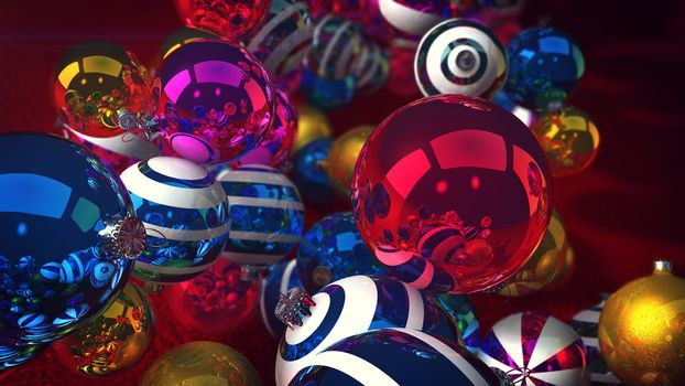 An emotional 3d illustration of beautiful glass balls for a Christmas fir tree. They fly over a green floor and lead to a festive mood. They are striped, dazzling and colorful. Happy New Year!